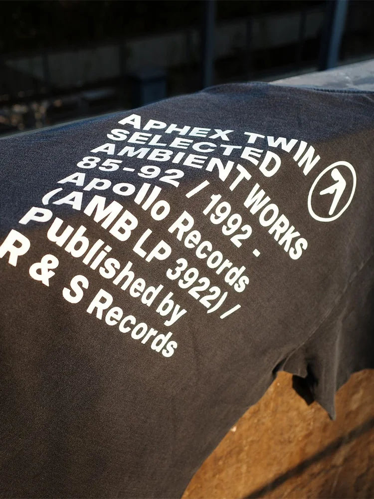 Men T-Shirt Aphex Twin Washed Black Print Cotton Graphic Oversized