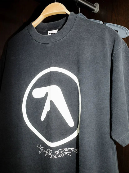 Men T-Shirt Aphex Twin Washed Black Print Cotton Graphic Oversized