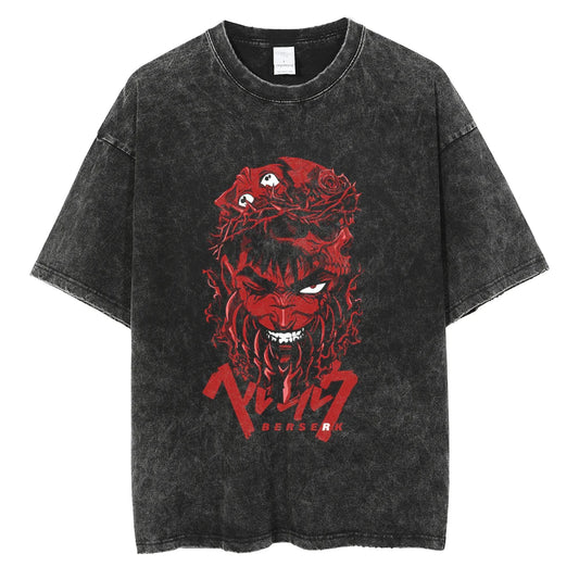 Berserk Men Anime Graphic Print Washed Vintage Oversized T-Shirt